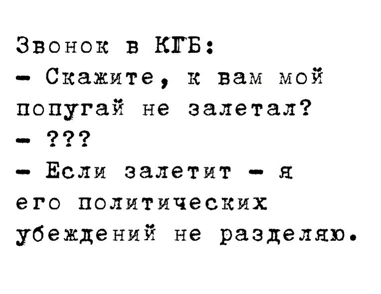 Звонок в КГБ Скажите к вам мой попугай не залетал Если залетит я его политических убеждений не разделяю