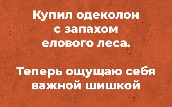 Купил одеколон запахом елового леса Теперь ощущаю себя важной шишкой
