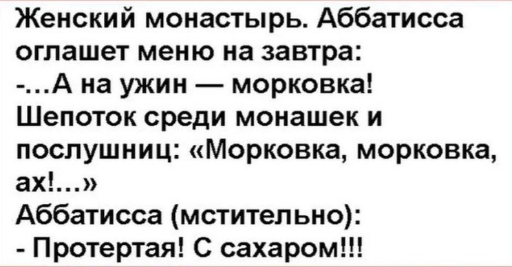 Женский монастырь Аббатисса оглашет меню на завтра А на ужин морковка Шепоюк среди монашек и послушниц Морковка морковка ах Аббатисса мститепьно Протертая С сахаром