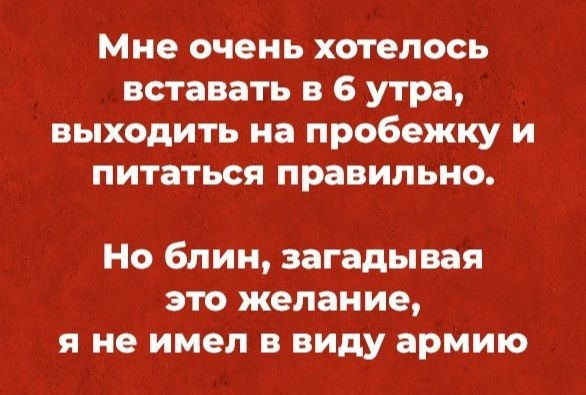 Мне очень хотелось вставать в 6 утра выходить на пробежку и питаться правильно Но блин загадывая это желание я не имел в виду армию