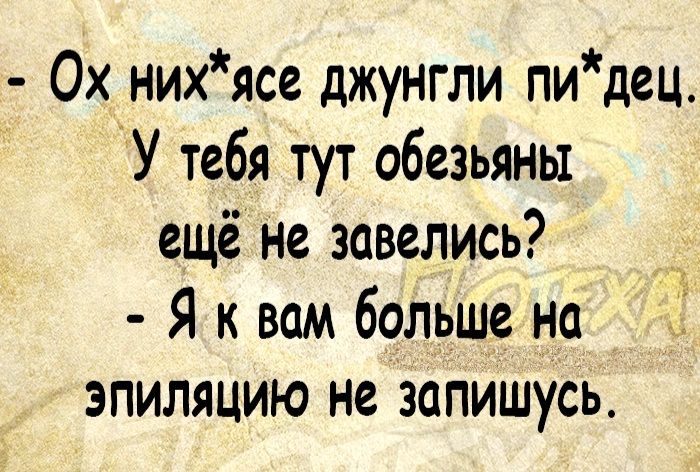 0х нихясе джунгли пидец У тебя тут обезьяны ещё не завелись Я к вам больше на эпиляцию не запишусь