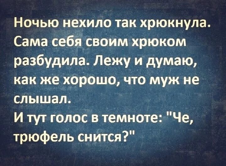 Ночью нехило так хрюкнула Сама себя своим хрюком разбудила Лежу и думаю как же хорошо что муж не слышал И тут голос в темноте Че трюфель снится