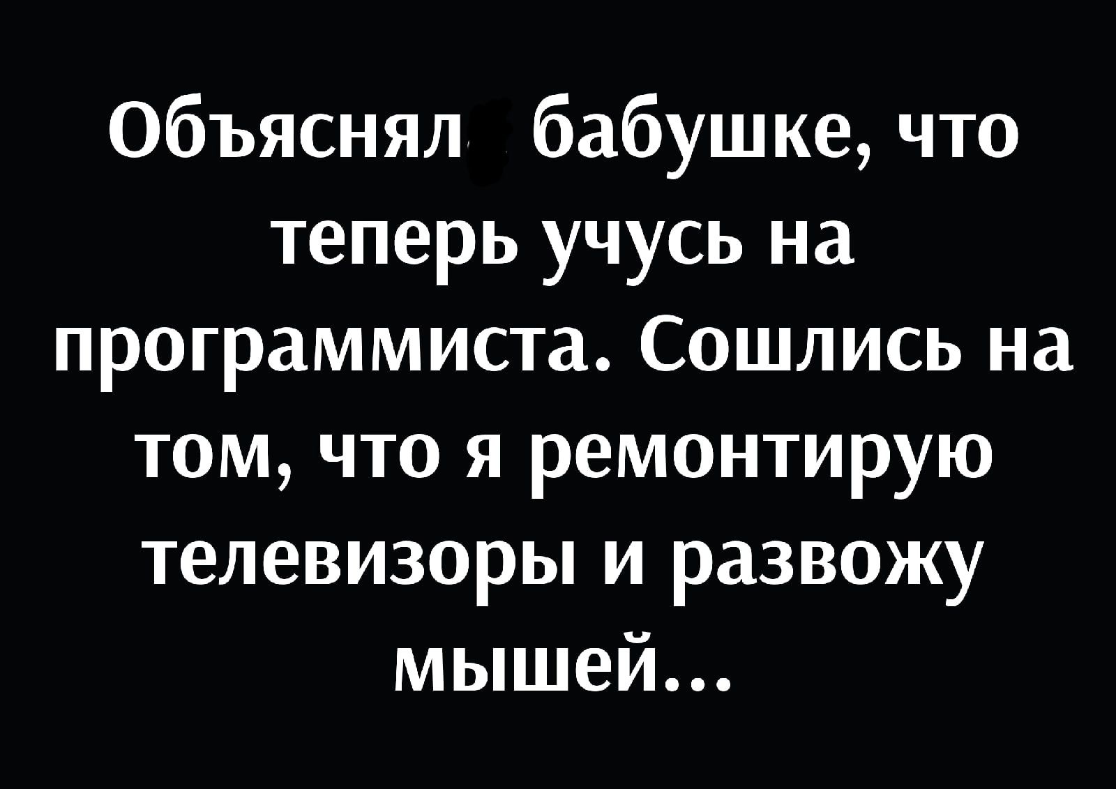 объяснял бабушке что теперь учусь на программиста Сошлись на том что я ремонтирую телевизоры и развожу мышей