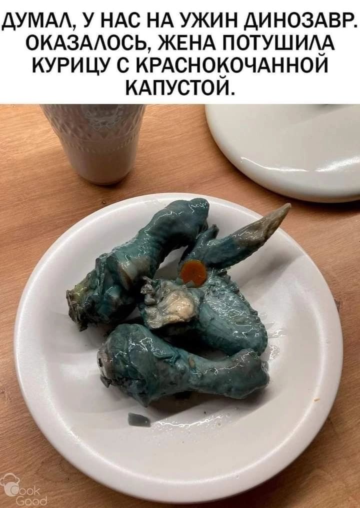 ДУМАА У НАС НА УЖИН ДИНОЗАВР ОКАЗААОСЬ ЖЕНА ПОТУШИАА КУРИЦУ С КРАСНОИОЧАННОИ КАПУСТОИ