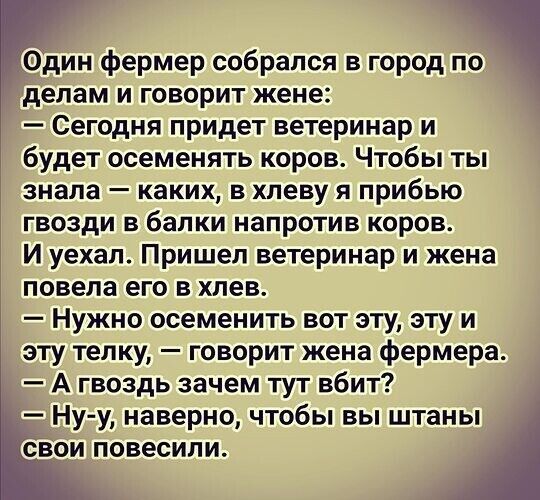 Один фермер собрался в город по делам и говорит жене Сегодня придет ветеринар и будет осеменять коров Чтобы ты знала каких в хлеву я прибью гвозди в балки напротив коров И уехал Пришел ветеринар и жена повела его в хлев Нужно осеменить вот эту эту и эту телку говорит жена фермера А гвоздь зачем тут вбит Ну у наверно чтобы вы штаны свои повесили