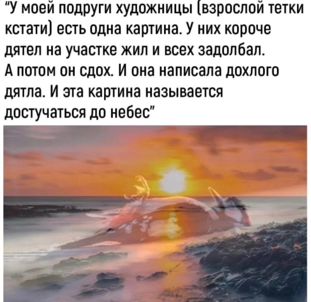 У моей подруги художницы взрослой тетки кстати есть одна картина У них короче дятел на участке жил и всех задолбал А потом он сдох И она написала дохлого дятла И эта картина называется достучаться до небес