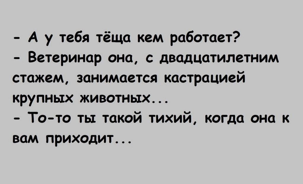 А у тебя тёща кем работает Ветеринар она с двадцатилетним стажем занимается кастрацией крупных животных То то ты такой тихий когда она ВОМ ПРИХОДИТ