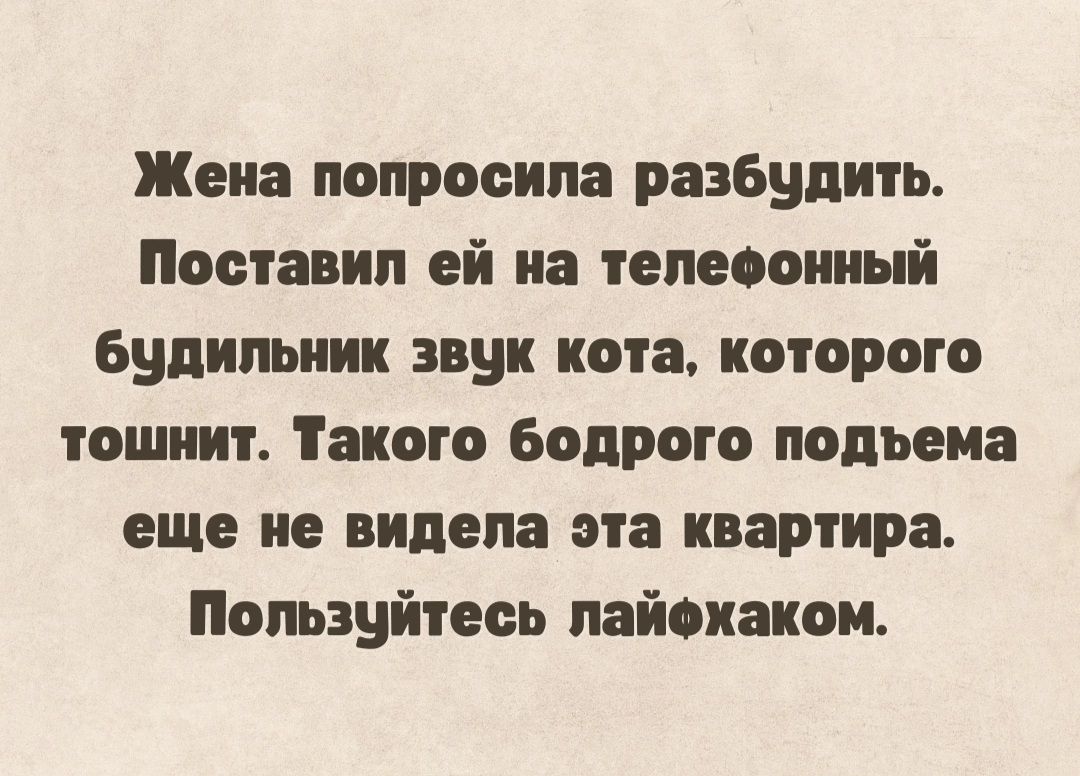 Жена попросила разбудить Поставил ей на гемооииый Булипыгии звук кота которого тошнит Такого бодрого подьема еще ие видела эта квартира Пользуйтесь пайоиоиои