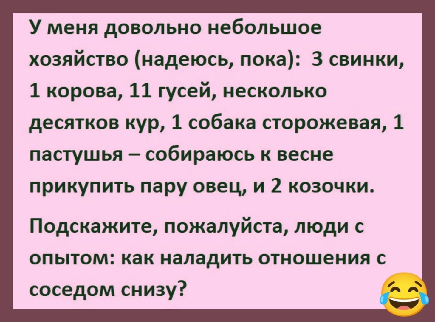 У меня довольно небольшое хозяйство надеюсь пока 3 свинки 1 корова 11 гусей несколько десятков кур 1 собака сторожевая 1 пастушья собираюсь к весне прикупить пару овец и 2 козочки Подскажите пожалуйста люди с опытом как наладить отношения с соседом снизу