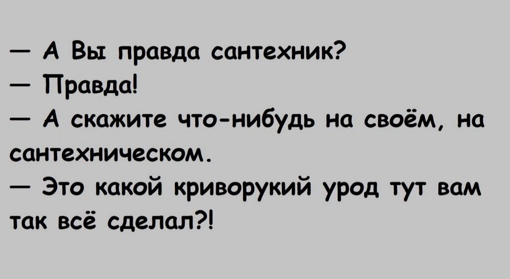 А Вы правда сантехник Правда А скажите чтонибудь на своём на сантехническим Это какой криворукий урод тут вам так всё сделал