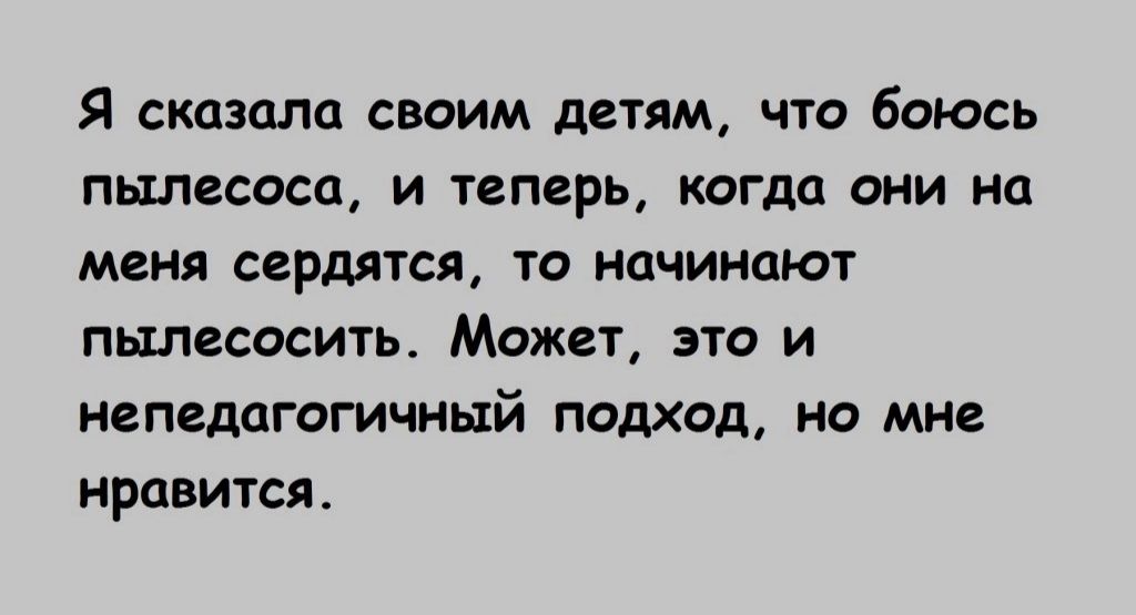 Я сказала своим детям что боюсь пылесоса и теперь когда они на меня сердится то начинают пылесосить Может это и непедагогичный подход не мне нравится