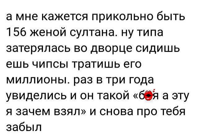 а мне кажется прикольно быть 156 женой султана ну типа затерялась во дворце сидишь ешь чипсы тратишь его миллионы раз в три года увиделись и он такой 60 а эту я зачем взял и снова про тебя забыл