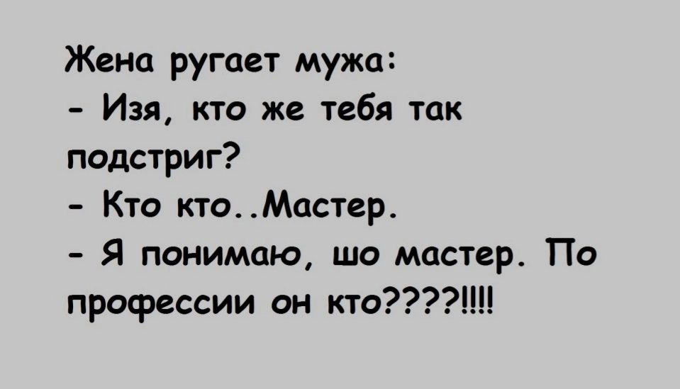 Жена ругает мужа Изя кто же тебя так подстриг Кто ктоМастер Я понимаю шо мастер По профессии он кто