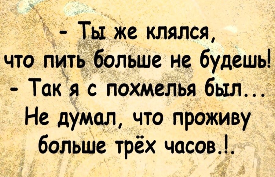 Ты же клялся что пить болЬше не будешь Так я с похмелья был Не думал что проживу больше трёх часов