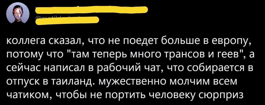 КОЛЛЕГЗ сказал ЧТО НЕ поедет больше В ЕВРОПУ потому что там теперь много трансов и геев а сейчас написал в рабочий чат что собирается в отпуск в таиланд мужественно молчим всем чатиком чтобы не портить человеку сюрприз