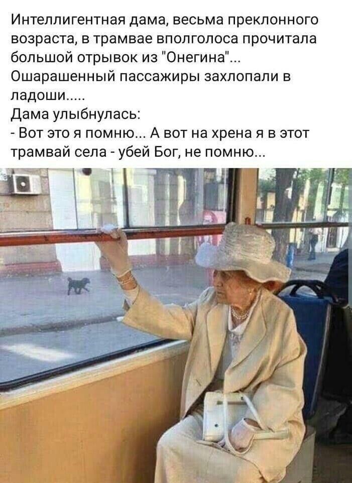 ИНТЕЛЛИГеНТНаЯ дама весьма ПРЕКПОННОГО ВОЗРЗСТЗ Е трамвае БПОПГОПОСВ ПрОЧИТаПа большой отрывок из Онегина Ошарашенный пассажиры захлопали в ладоши дама улыбнулась ВОТ ЭТО Я ПОМНЮ А ВОТ на хрена Я В ЭТОТ трамвай села убей Бог не помню