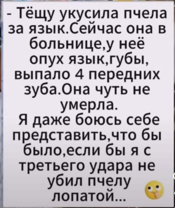 _ _ __ _ _ і Тёщу укусила пчела за языкСейчас она в больницеу неё опух языкгубы выпало 4 передних зуба0на чуть не умерла Я даже боюсь себе представитьчто бы былоесли бы я с третьего удара не убил пчелу лопатои