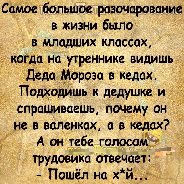 С ее большое разочарование в жизни было в младших классах _ когда на утреннике видишь Деда Мороза в кедах Подходить к дедушке и спрашиваешь почему он не в валенках а в кедах А он тебе голоса трудовика отвечает Пошёл на х й