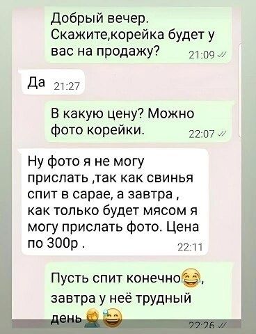 добрый вечер Скажитежорейка будет у вас на продажу 2109 Да 2127 В какую цену Можно фото корейки 2207 и Ну фото я не могу прислать так как свинья спит в сарае а завтра как ТОЛЬКО будет МЯСОМ Я могу прислать фото Цена по 300р Пусть спит конечное завтра у неё трудный