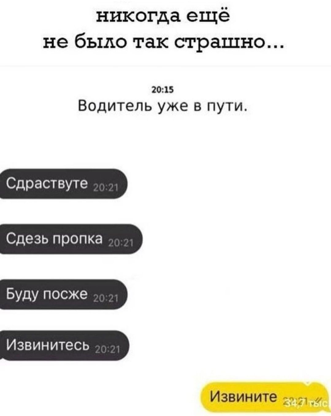 никогда ещё не было так страшно шп Водитель уже в пути Сдраствуте Сдезь пропка Буду посже Извинитесь