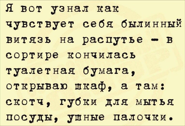 Я вот узнал как чувствует себя былинный витязь на распутье в сортире кончилась туалетная бумага открЫВаю шкаф а там скотч губки для мытья посуды ушные палочки