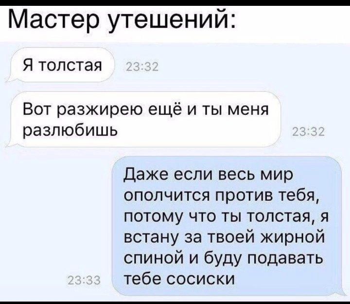 Мастер утешений Я толстая Вот разжирею ещё и ты меня разлюбишь Даже если весь мир ополчится против тебя потому что ты толстая я встану за твоей жирной спиной и буду подавать тебе сосиски