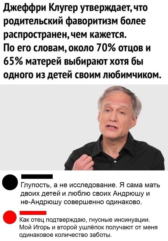 джеффри Клугер утверждает что родительский фаворитизм более распространен чем кажется По его словам около 70 отцов и 65 матерей выбирают хотя бы одного из детей своим любимчиком _ Глупость а не исследование Я сама мать двоих детей и люблю своих Андрюшу и не Андрюшу совершенно одинаково _ Как отец подтверждаю гнусные иноинуации Мой Игорь и второй ушпепок получают от меня одинаковое количество забот