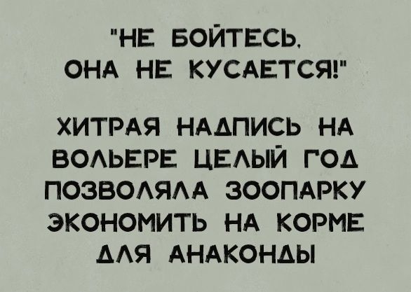 НЕ БОЙТЕСЬ ОНА НЕ КУСАЕТСЯ ХИТРАЯ НААПИСЬ НА ВОЛЬЕРЕ ЦЕЛЫЙ ГОД ПОЗВОЛЯЛА ЗООПАРКУ ЭКОНОМИТЬ НА КОРМЕ АЛЯ АНАКОНАЫ