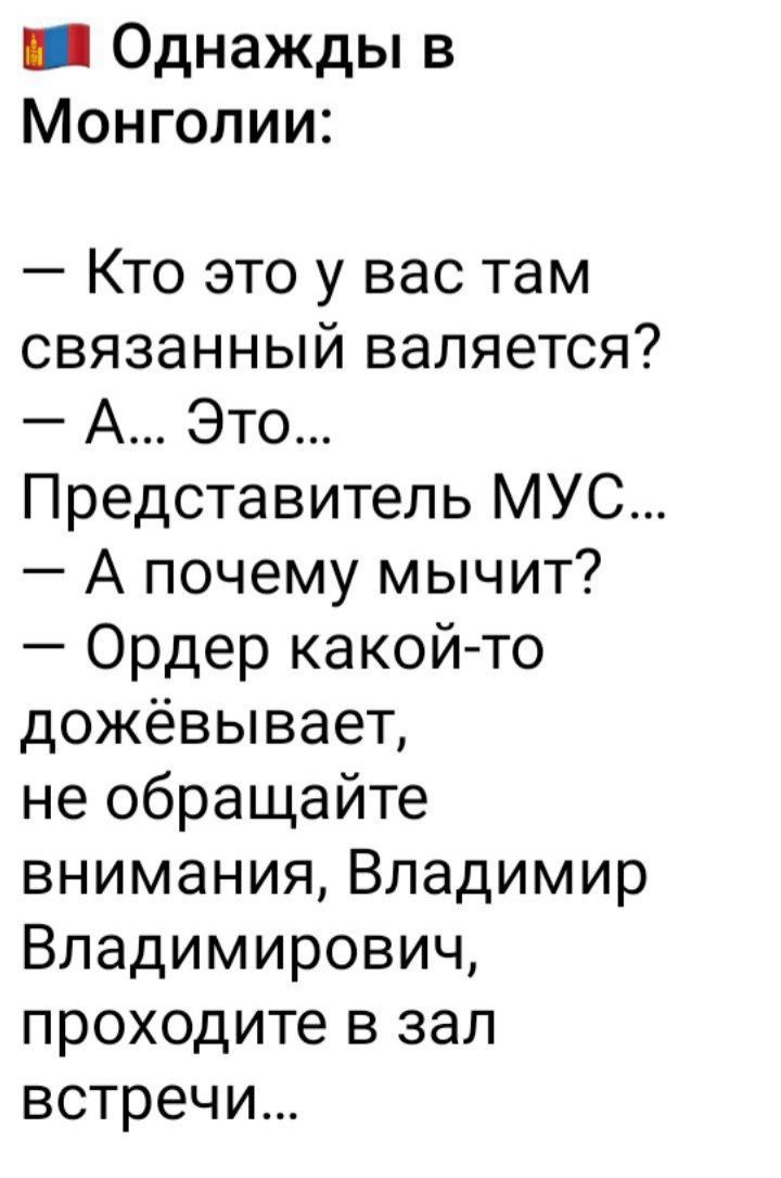 ша Однажды в Монголии Кто это у вас там связанный валяется А Это Представитель МУС А почему мычит Ордер какой то дожёвывает не обращайте внимания Владимир Владимирович проходите в зал встречи