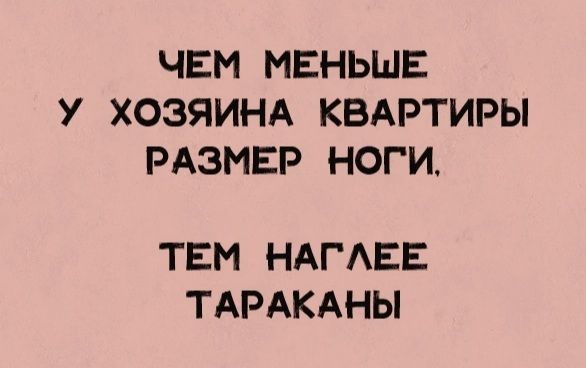 ЧЕМ МЕНЬШЕ У ХОЗЯИНА КВАРТИРЫ РАЗМЕР НОГИ ТЕМ НАГЛЕЕ ТАРАКАНЫ