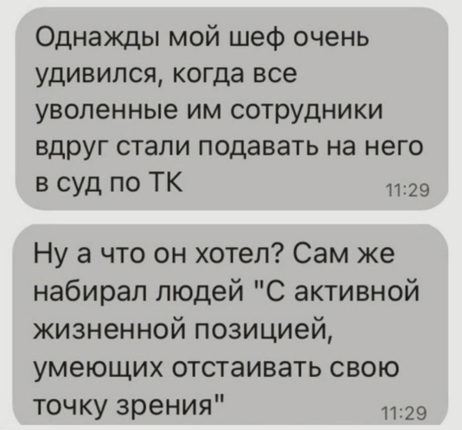 Однажды мой шеф очень удивился когда все уволенные им сотрудники вдруг стали подавать на него в суд по ТК 1129 Нуаа что он хотел Сам же набирал людей С активной жизненной позицией умеющих отстаивать свою точку зрения 1129