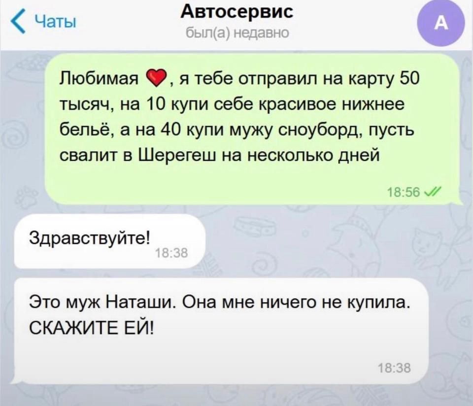 Чаты Автосервис Любимая Ф я тебе отправил на карту 50 тысяч на 10 купи себе красивое нижнее бельё а на 40 купи мужу сноуборд пусть свалит в Шерегеш на несколько дней 1856 Здравствуйте Это муж Наташи Она мне ничего не купила СКАЖИТЕ ЕЙ