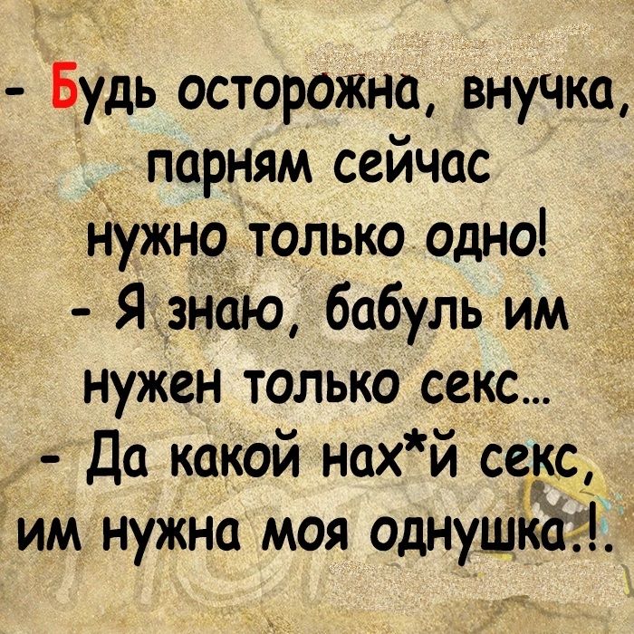 Будь осторожна внучка парням сейчас нужно только одно Я знаю бабуль им нужен только секс _ Да какой нахй секс им нужна моя однушкх1