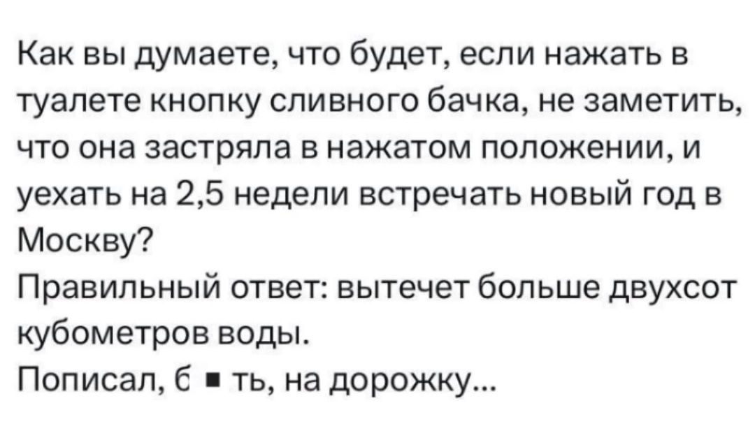 Как вы думаете что будет если нажать в туалете кнопку сливного бачка не заметить что она застряла в нажатом положении и уехать на 25 недели встречать новый год в Москву Правильный ответ вытечет больше двухсот кубометров воды Пописал С в ть на дорожку