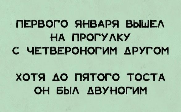 ПЕРВОГО ЯНВАРЯ ВЫШЕЛ НА ПРОГУЛКУ С ЧЕТВЕРОНОГИМ АРУГОМ ХОТЯ лО ПЯТОГО ТОСТА ОН БЫЛ АВУНОГИМ