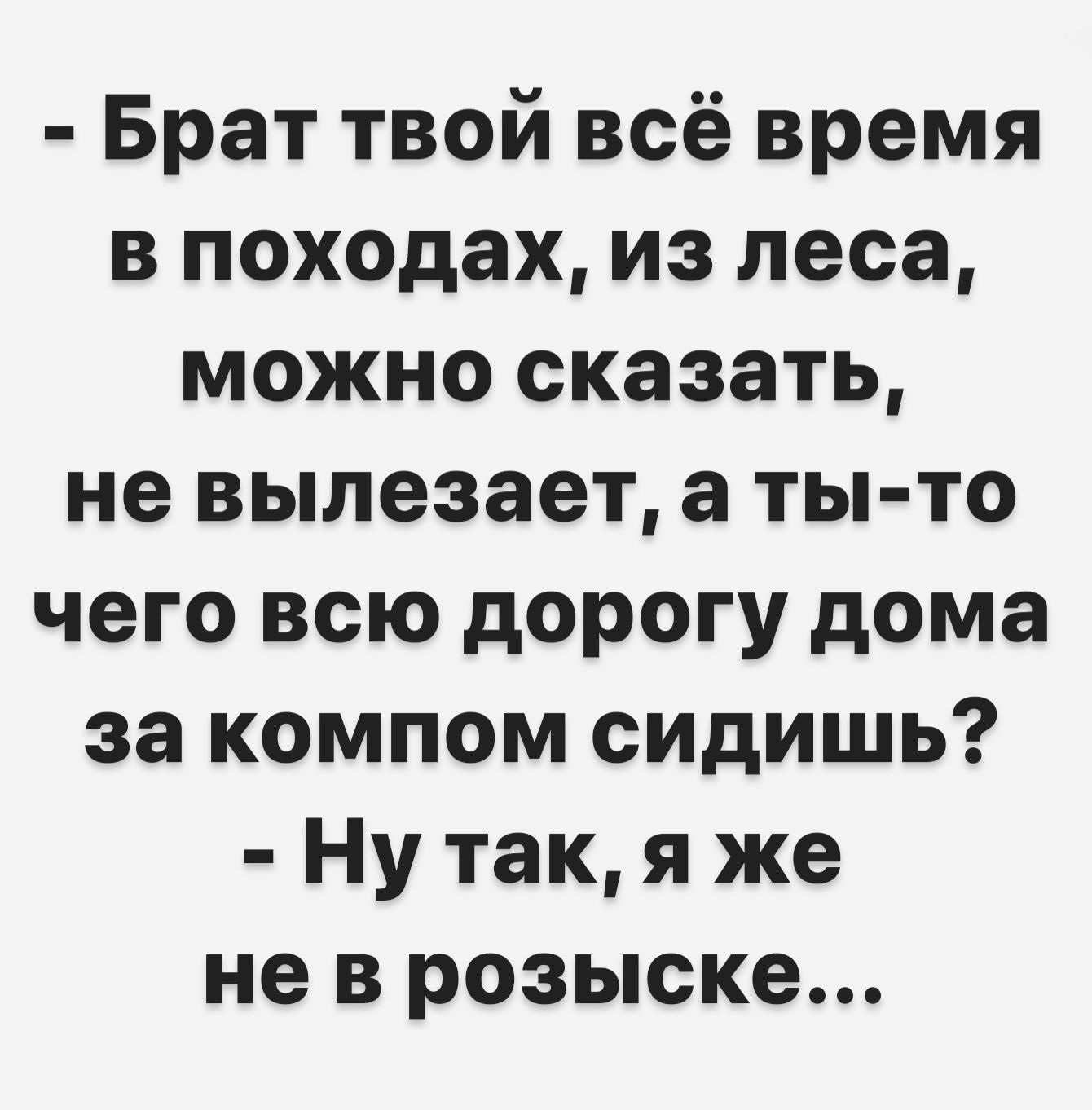 Брат твой всё время в походах из леса можно сказать не вылезает а ты то чего всю дорогу дома за компом сидишь Ну так я же не в розыске