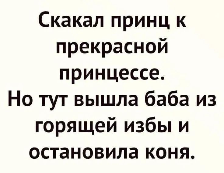 Скакал принц к прекрасной принцессе.
Но тут вышла баба из горящей избы и остановила коня.
