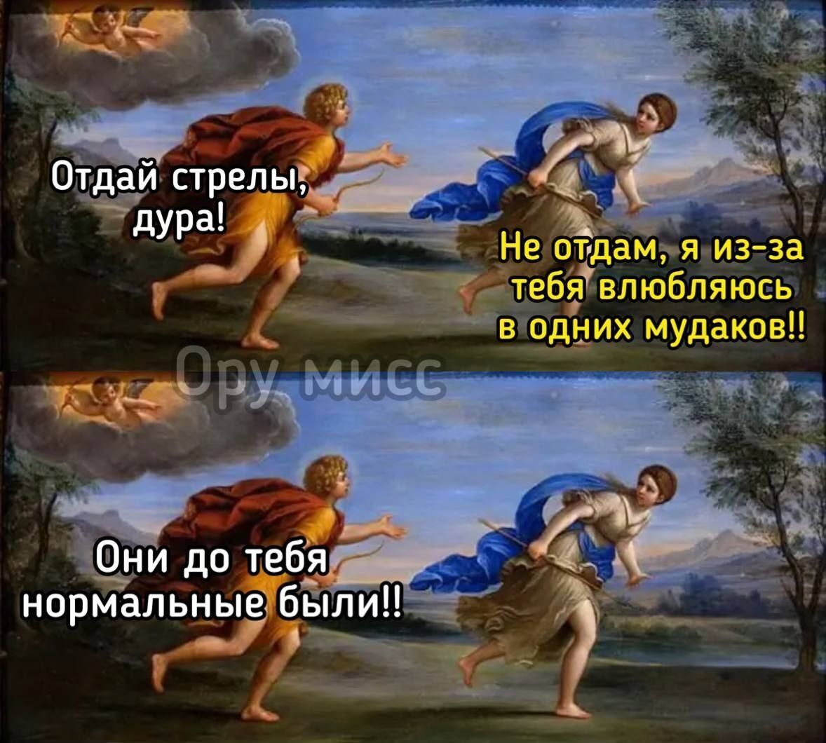 Отдай стрелы, дура! Не отдам, я из-за тебя влюбляюсь в одних мудаков!! Они до тебя нормальные были!!