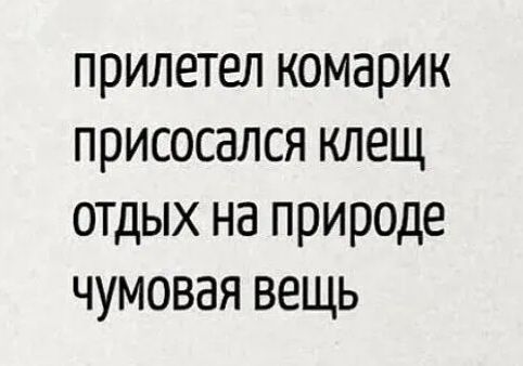 прилетел комарик
присосался клещ
отдых на природе
чумовая вещь