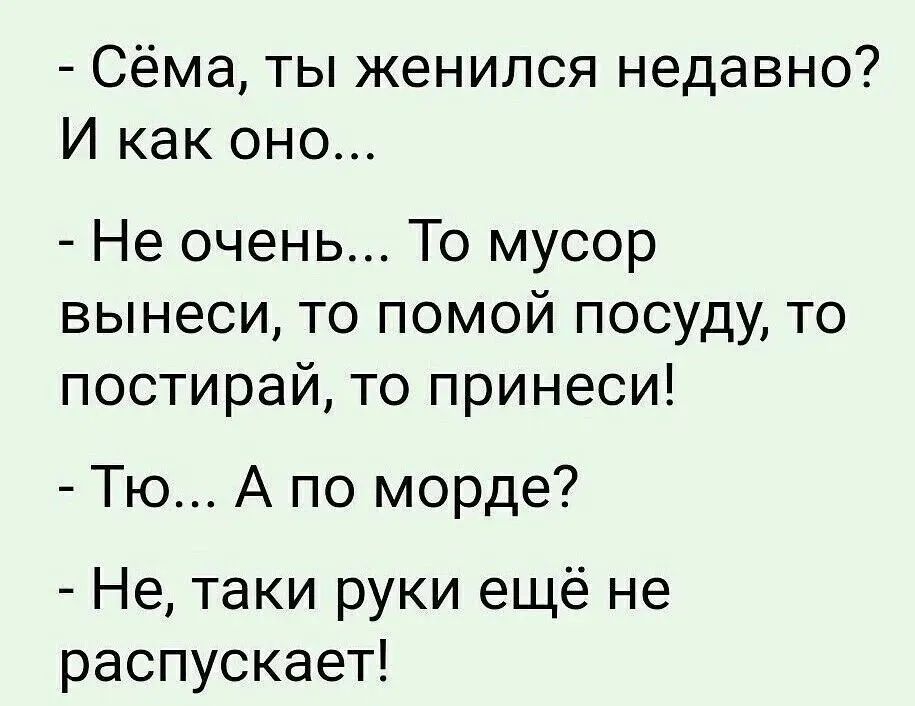 - Семё, ты женился недавно? И как оно...

- Не очень... То мусор вынеси, то помой посуду, то постирай, то принеси!

- Тю... А по морде?

- Не, такие руки ещё не распускает!
