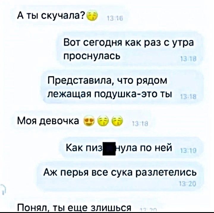 А ты скучала?😌
Вот сегодня как раз с утра проснулась
Представила, что рядом лежащая подушушка-это ты
Моя девочка 😍😌
Как пиз...нула по ней
Аж перья все сука разлетелись
Понял, ты еще слишкомся
