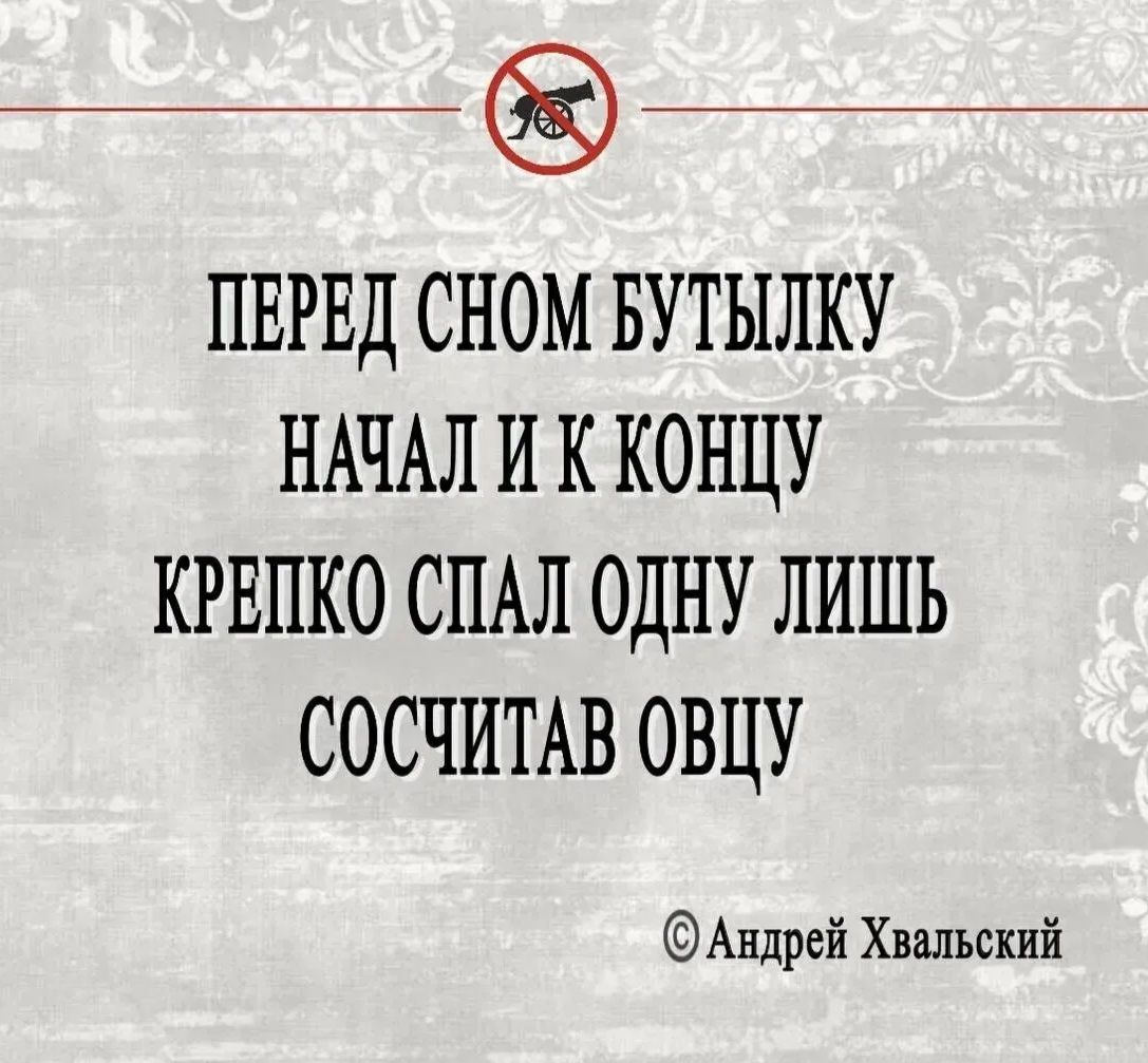 ПЕРЕД СНОМ БУТЫЛКУ НАЧАЛ И К КОНЦУ КРЕПК0 СПАЛ ОДНУ ЛИШЬ СОСЧИТАВ ОВЦУ