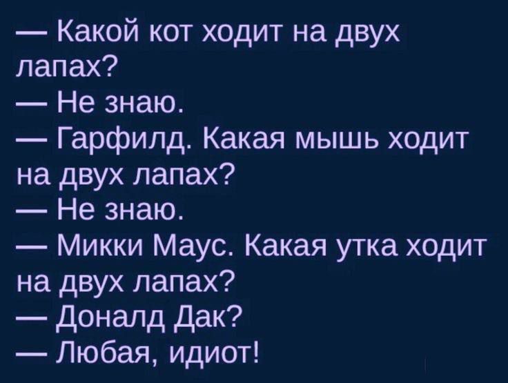— Какой кот ходит на двух лапах?\n— Не знаю.\n— Гарфилд. Какая мышь ходит на двух лапах?\n— Не знаю.\n— Микки Маус. Какая утка ходит на двух лапах?\n— Доналд Дак?\n— Любая, идиот!