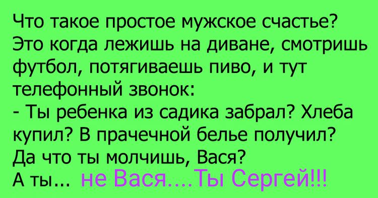 Что такое простое мужское счастье Это когда лежишь на диване смотришь футбол потягиваешь пиво и тут телефонный звонок Ты ребенка из садика забрал Хлеба купил В прачечной белье получил Да что ты молчишь Вася Аты не ВасяТы Сергей