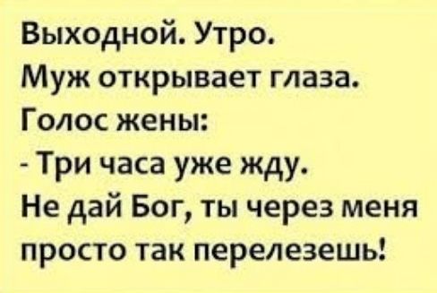 Выходной Утро Муж открывает глаза Голос жены Три часа уже жду Не дай Бог ты через меня просто так перелезешь