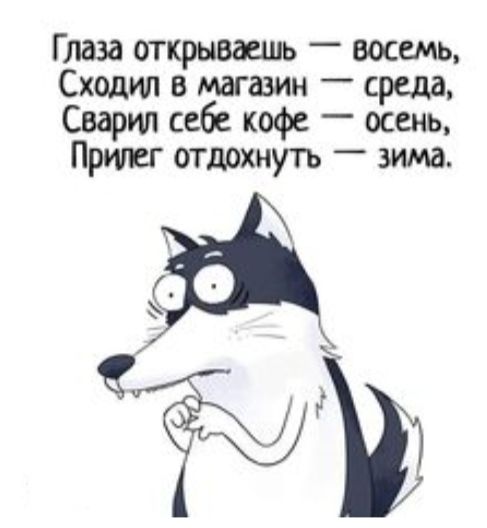 Глаза открываешь восемь Сходил в магазин среда Сварт себе кофе осень Прилег отдохнуть зима