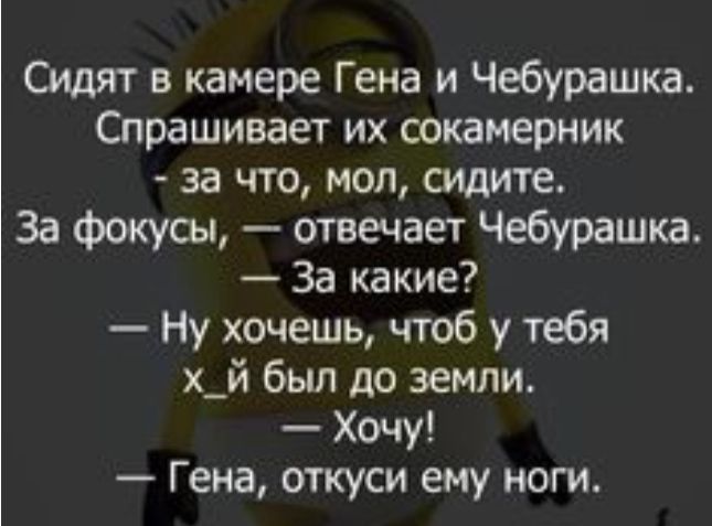 Сидят в камере Гена и Чебурашка Спрашивает их сокамерник за что мол сидите За фокусы отвечает Чебурашка За какие Ну хочешь чтоб у тебя х_й был до земли Хочу Гена откуси ему ноги