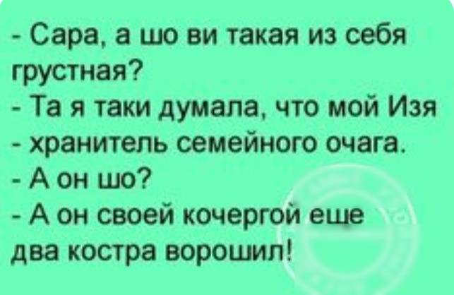 Сара а шо ви такая из себя грустная Та я таки думала что мой Изя хранитель семейного очага А он шо А он своей кочергой еще два костра ворошип
