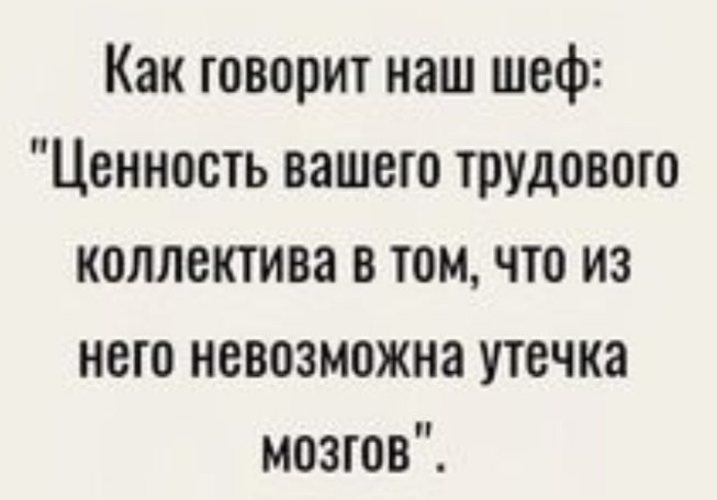 Как говорит наш шеф Ценность вашего трудового коллектива в том что из него невозможна утечка мозгов