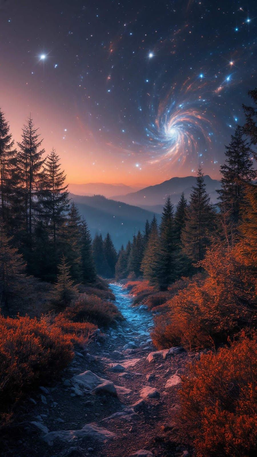 Красочный горный пейзаж с сияющим галактическим небом и извилистой тропой между деревьями.